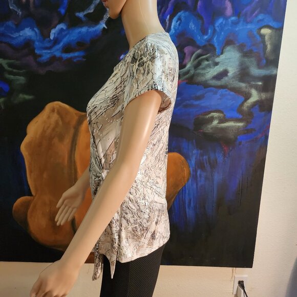MSK, size S, scoop neck, short sleeve top, flowing, sequins, nuetral colors - Picture 11 of 14